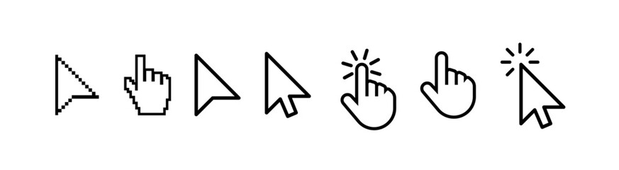 Cursor mouse collection vector set featuring various pointer icons, clicks, arrows, and interaction symbols for UI design, app mockups, web interfaces, and digital projects.