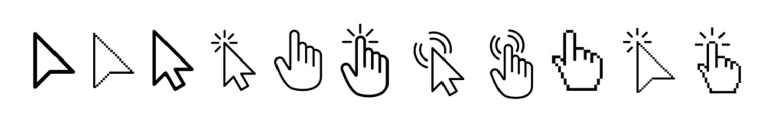 Cursor mouse collection vector set featuring various pointer icons, clicks, arrows, and interaction symbols for UI design, app mockups, web interfaces, and digital projects.