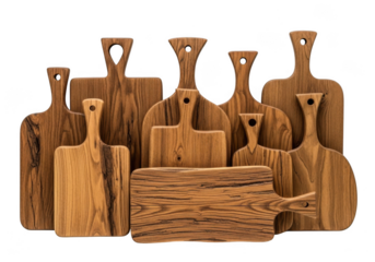 A collection of various wooden cutting boards and serving boards arranged together, isolated on transparent background