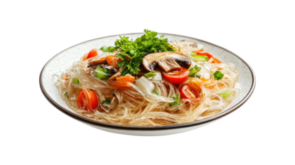 Asian food Fried Thai Rice noodles with meat and vegetables