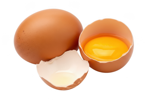 A whole brown egg and a cracked egg with yolk and white isolated on transparent background