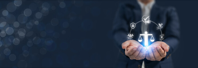 Marketing Ethics and Trust. Touching glowing icons of transparency communication, data protection,...