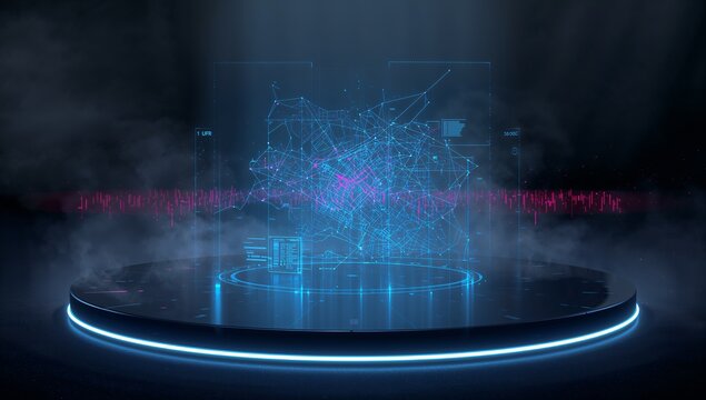 Futuristic city map interface glows with vibrant data streams, offering a high-tech vision for urban planning and smart city technology, perfect for presentations