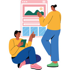 Two people collaborating on a digital interface design with a website mockup and a mountain landscape illustration on a clean white background