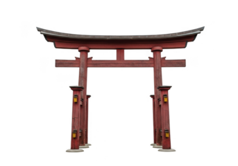 Traditional japanese torii gate, a vermilion wooden structure with a curved roof, isolated on transparent background