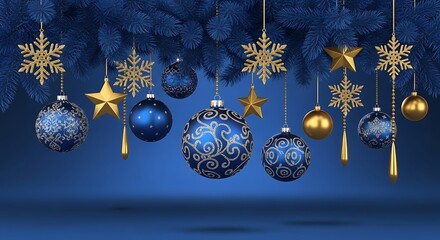 Elegant blue and gold Christmas ornaments hanging from pine branches create a festive holiday atmosphere perfect for seasonal greetings and celebrations