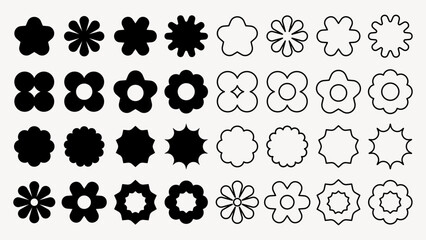 Fototapeta na wymiar Vector elements. Set of 30 black and white flower icons. Floral shapes include petals, stars, and outlines. Perfect for design, patterns, and decorative elements. Black shapes, vector element set.