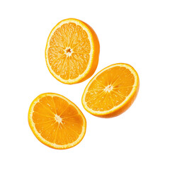 Fototapeta premium Juicy orange slices arranged in scattered layout, showing vibrant citrus texture and radial segments on transparent background.