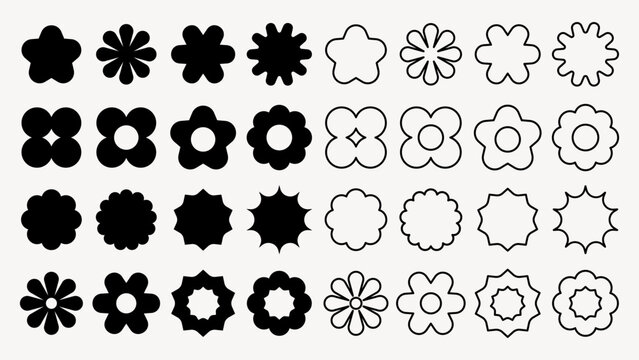 Vector elements. Set of 30 black and white flower icons. Floral shapes include petals, stars, and outlines. Perfect for design, patterns, and decorative elements. Black shapes, vector element set.