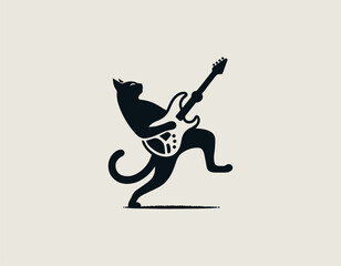 Dynamic black silhouette of a cool rocker cat energetically playing a distinctive V-shaped electric guitar with expressive hair.