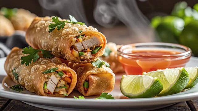 Crispy spring rolls stacked with sliced limes and sweet dipping sauce on a white plate, dark wood table