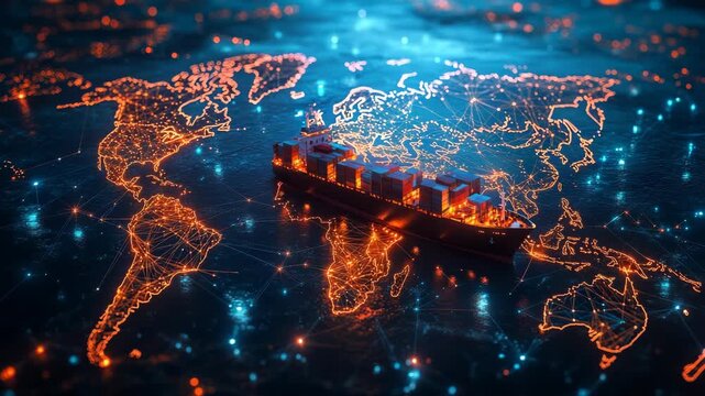 Cargo ship sailing across glowing digital world map network global logistics, data-driven trade, maritime innovation, international shipping powered futuristic communication technology and automation.