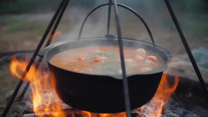 Cooking a hearty stew over an open campfire, surrounded by nature, with smoke rising in the background