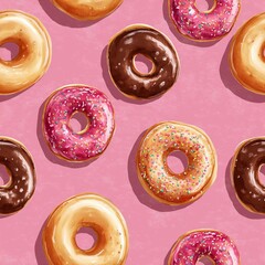 Seamless pattern with colorful donuts and icing on a pink background, ideal for packaging design, textiles and decor