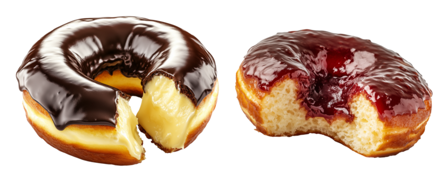 A bitten chocolate covered donut with chopped chocolate topping and creamy filling isolated on white background.