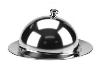 A shiny silver cloche or food cover on a matching plate, isolated on transparent background