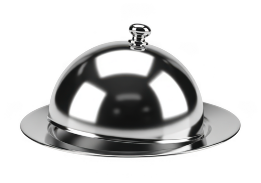 A shiny silver cloche or food cover on a matching plate, isolated on transparent background - Powered by Adobe