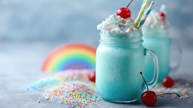 Colorful milkshakes with whipped cream and cherries are served.