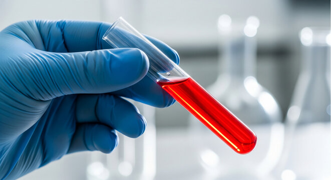 Scientist hand in blue glove holding test tube with red liquid. Medical research and blood analysis concept in laboratory with bokeh background.