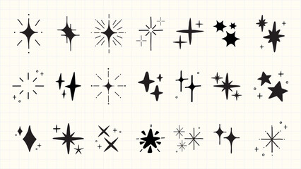 Set of 24 black starburst icons on a grid background. Starburst shapes vary in size and style. Perfect for design, decoration, and adding starburst effects. Element vector set.