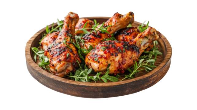 BBQ Grilled chicken legs in a wooden plate with herbs