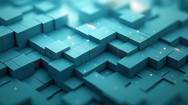 An abstract, three-dimensional pattern of teal and blue geometric cubes with soft glowing particles scattered across the surface, creating a futuristic and digi