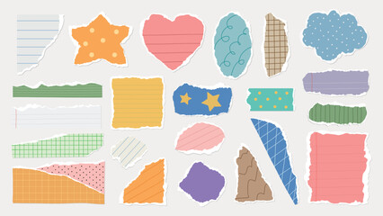 Colorful torn paper scraps in various shapes: stars, hearts, rectangles. Vibrant paper pieces with patterns, textures. Creative paper collage elements. Colorful patterned element vector set.