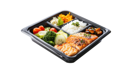 Bento box with rice  fish and vegetables or a Japanese lunch or meal prep concept
