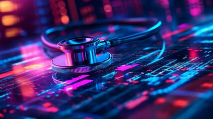 Futuristic stethoscope placed on glowing digital interface with blue neon lights, symbolizing innovation in healthcare, AI diagnostics, telemedicine technology, and evolution of modern medical science - Powered by Adobe