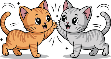 Cute kitten high five illustration, vector cartoon of two happy cats, orange tabby and gray striped, celebrating friendship, partnership, and teamwork concept.