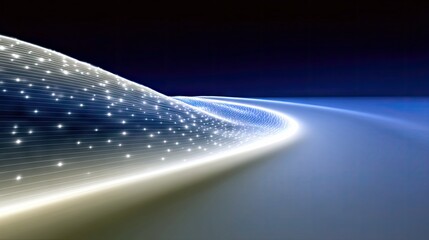 An abstract digital landscape with glowing white and blue light trails and scattered bright particles, set against a dark background.