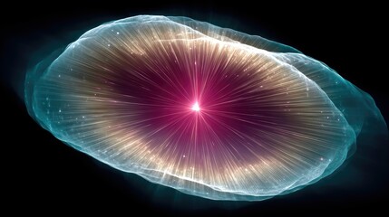 An abstract, luminous nebula with a central pink energy burst radiating outwards, surrounded by a translucent blue shell and speckled with tiny glowing particle