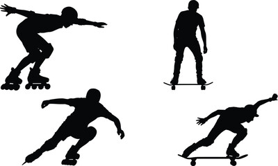 Dynamic silhouette illustration of skateboarders and rollerbladers performing action sports moves, extreme skating poses for active lifestyle design