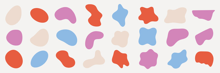 Abstract shapes in red, pink, blue, and beige. Colorful abstract forms, irregular shapes, vibrant abstract design, playful abstract art. Colorful shapes, vector element set.