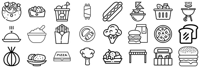 Collection of Diverse Food and Drink Icons in Outline Style