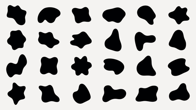 Abstract black shapes on a white background. Random shapes, black and white contrast. Unique abstract forms, black shapes, artistic and modern design. Black shape vector set.