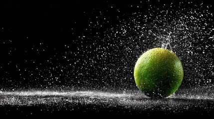 Bright green lime is being sprayed with water, creating many droplets.