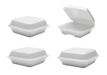 Four white styrofoam food containers isolated on transparent background