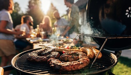 Sizzling sausages and meat cooking on a barbecue grill with friends enjoying a vibrant outdoor gathering, concept for summer parties, food and beverage, and lifestyle events.