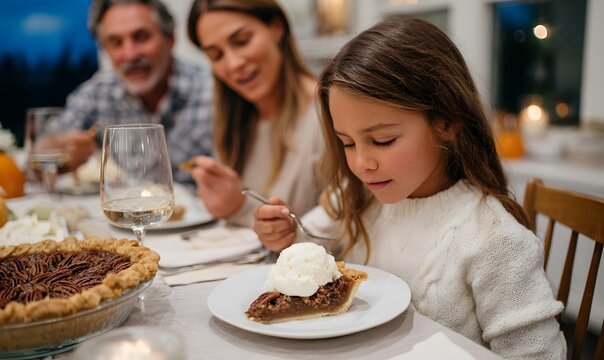 modern family eating individual slices of pecan pie topped with adollop of vanilla-flecked gelato on a thanksgiving