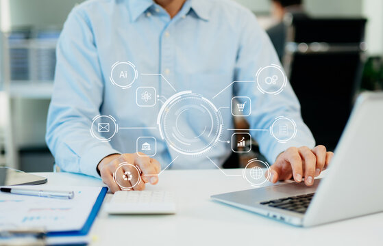 Businesswoman hand working digital marketing media in virtual screen with mobile phone and modern compute with virtual icon diagram