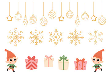 Cute christmas elves with gifts, hanging ornaments and snowflakes icon set.