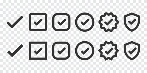 Set of check mark icons in various styles, including checkboxes, circles, and shields. Check marks in different shapes and styles for diverse uses. Vector element set.