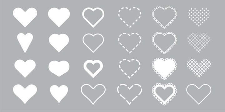 Collection of white heart shapes on a gray background. Various heart designs, including solid, dotted, and lace patterns. Heart shapes for creative projects. Minimal Valentine's Day elements, vector.