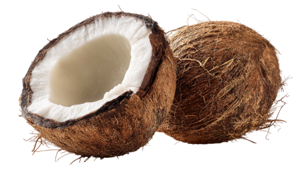 Freshly opened coconut halves showing white flesh
