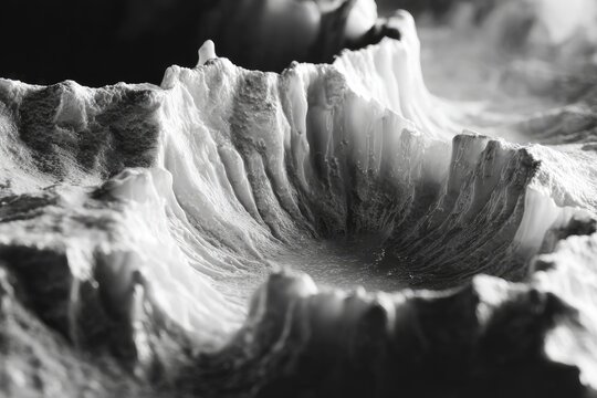 A detailed grayscale macro view of a topographical landscape with layered cliff faces