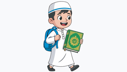 Fototapeta premium Cartoon illustration of a young Muslim boy wearing a kufi and carrying a Quran and backpack.