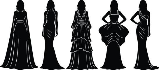 Elegant female fashion silhouettes wearing various glamorous long gowns and evening dresses, isolated black vector models for creative design and illustration use