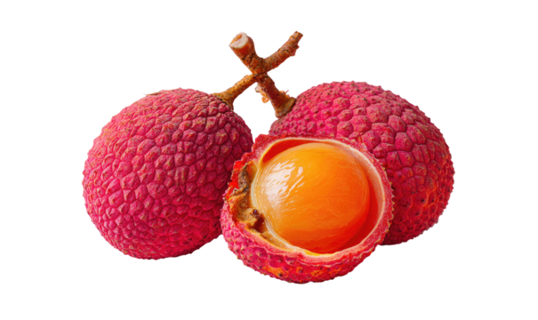 Juicy pink fruits with scaly skin, one open revealing juicy flesh
