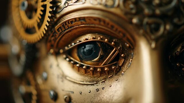 Intricate Mechanical Eye with Golden Gears on a Clockwork Humanoid Face